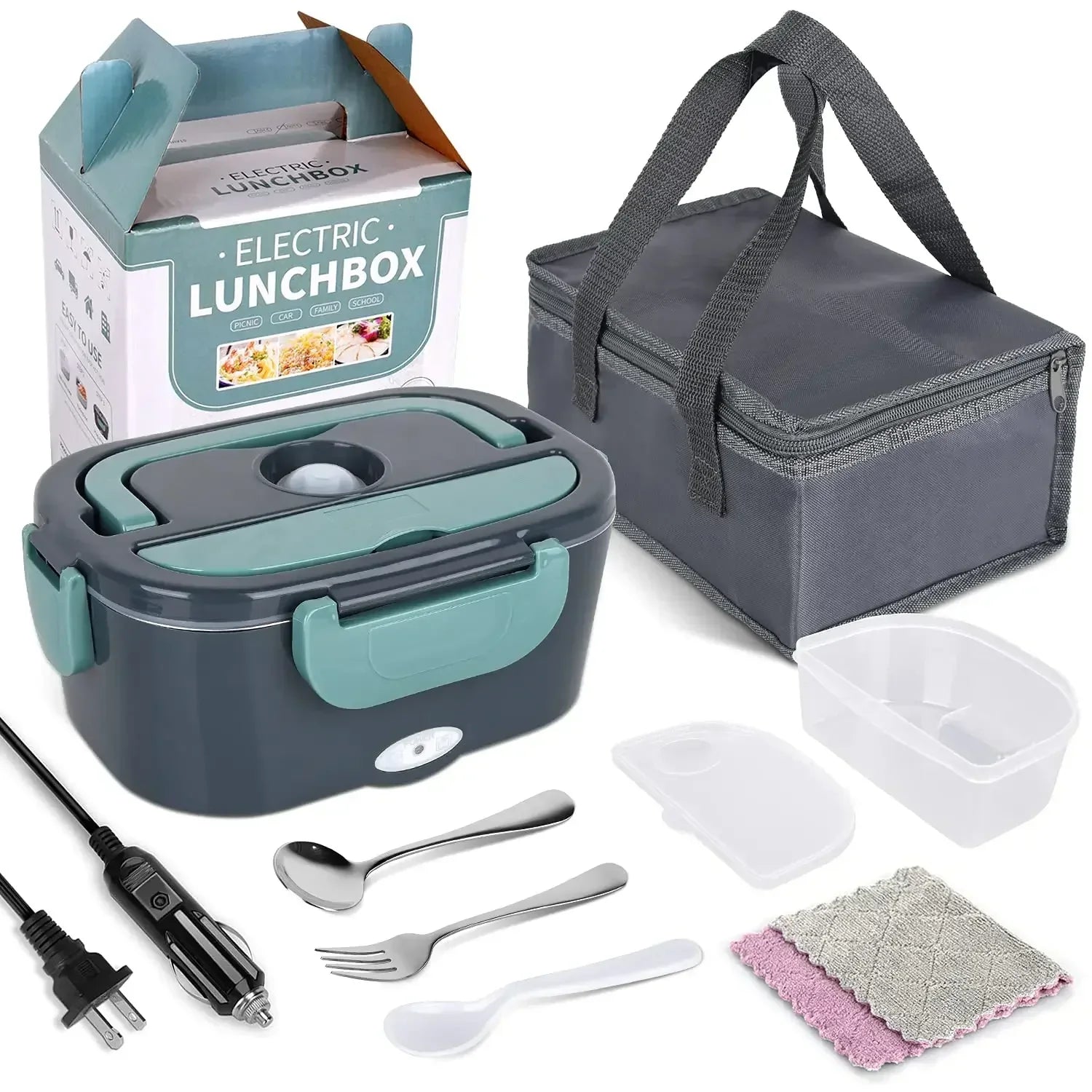 Stainless steel Sokany 2-in-1 electric heating lunch box for car and home, compact bento box with heating function.