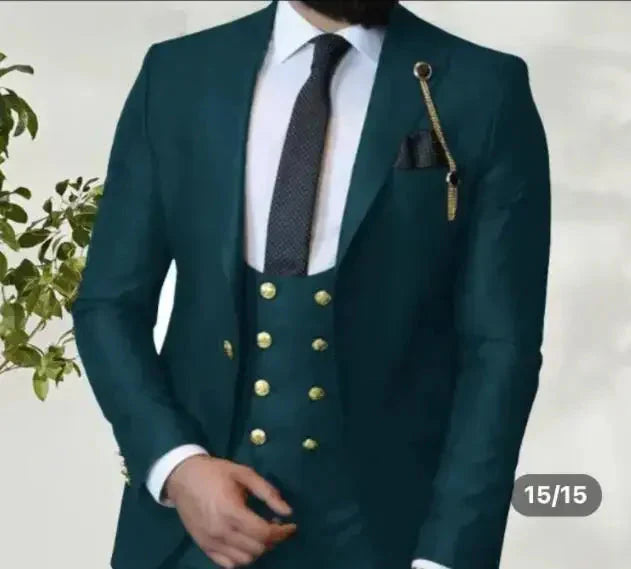 Dark blue SHOWLU men's 3-piece slim fit suit with cotton tuxedo fabric, perfect for weddings and formal occasions.