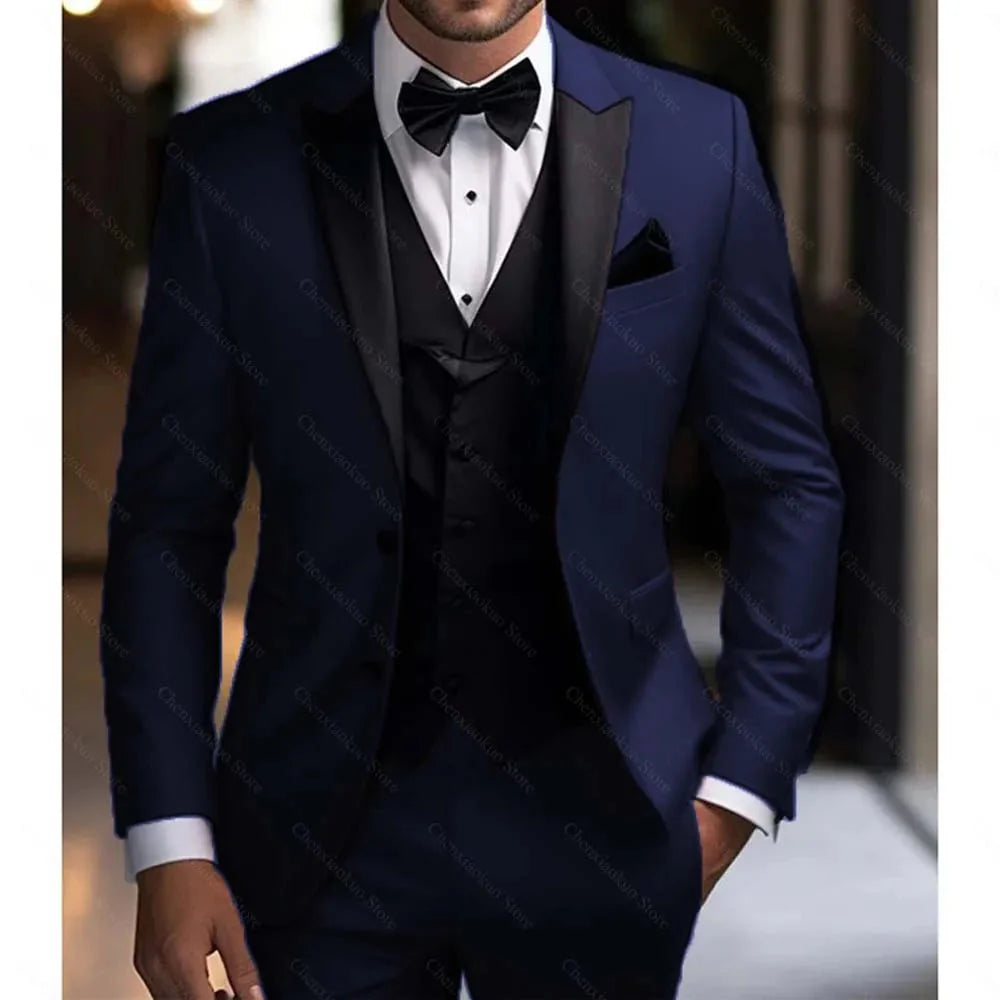 Men's black 3-piece slim fit tuxedo with peak lapels, perfect for weddings, from SHOWLU FASHION STORE.