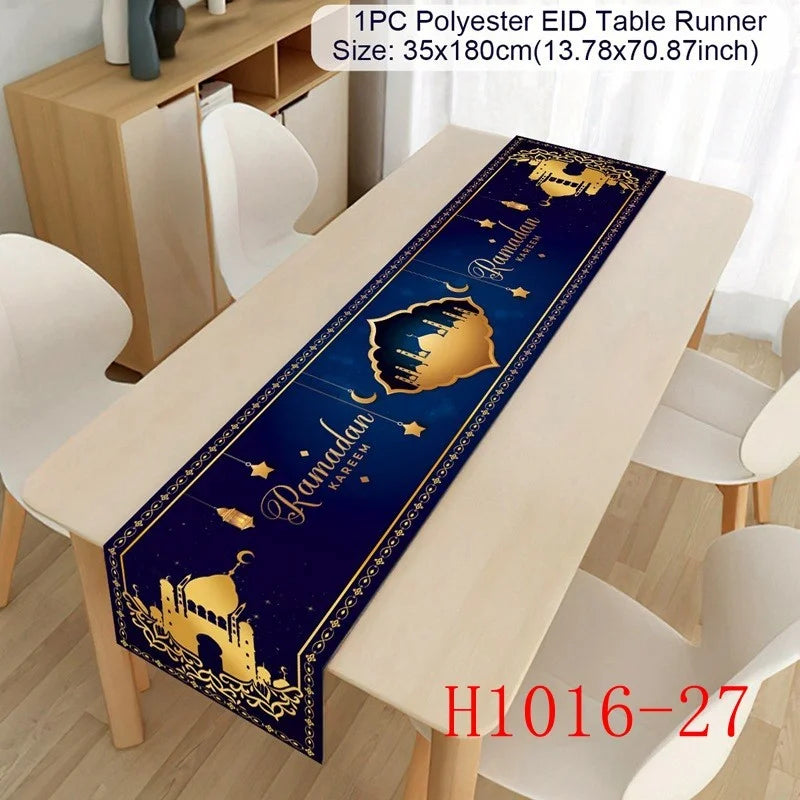 Ramadan decoration table runner with Eid Mubarak design for home table décor, ideal for Islamic Muslim Eid al-Fitr celebrations.