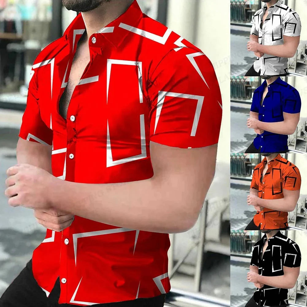 Showlu men's geometric 3D print Hawaiian shirt with short sleeves and tropical pattern, casual Cuba blouse style.