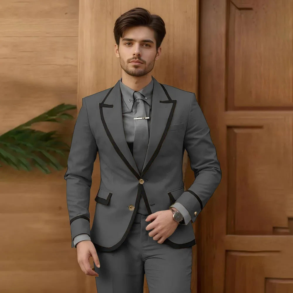Beige men's 2-piece fashion suit with single-breasted blazer and pants, slim-fit groom wedding tuxedo for groomsmen and prom.