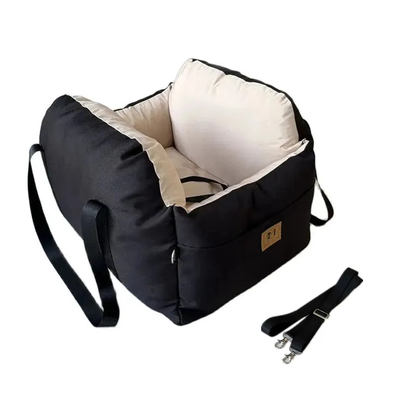 Showlu Dog Car Seat with Safety Belt, washable pet booster travel bed, designed for secure and comfortable car travel for small dogs.