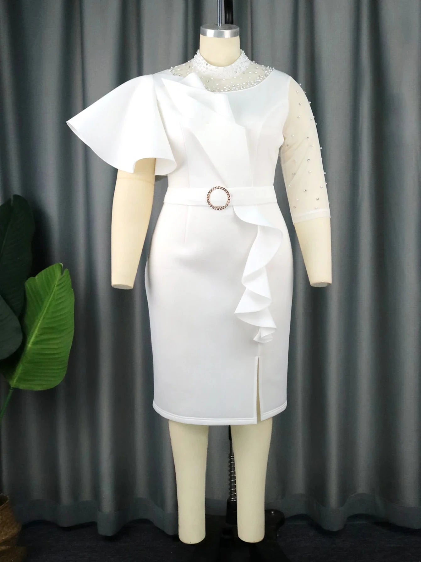 White plus size peplum bodycon dress with beaded details, designed for women’s party wear by SHOWLU FASHION STORE.