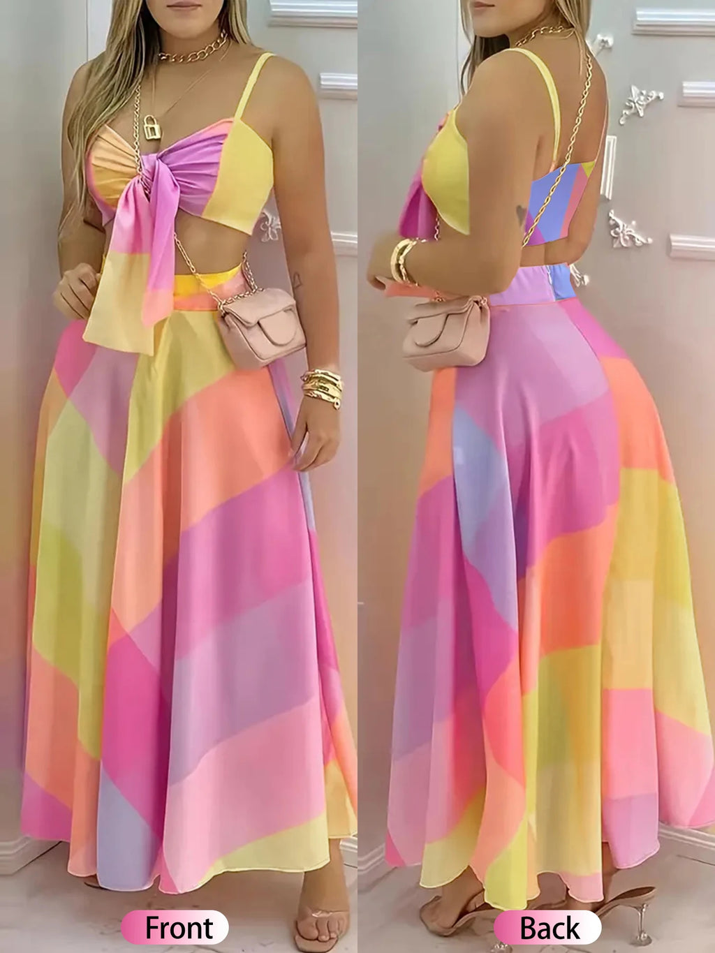 Lace-up short top and half-length skirt set with geometric pattern, women's dress by Showlu Fashion Store, stylish and trendy.
