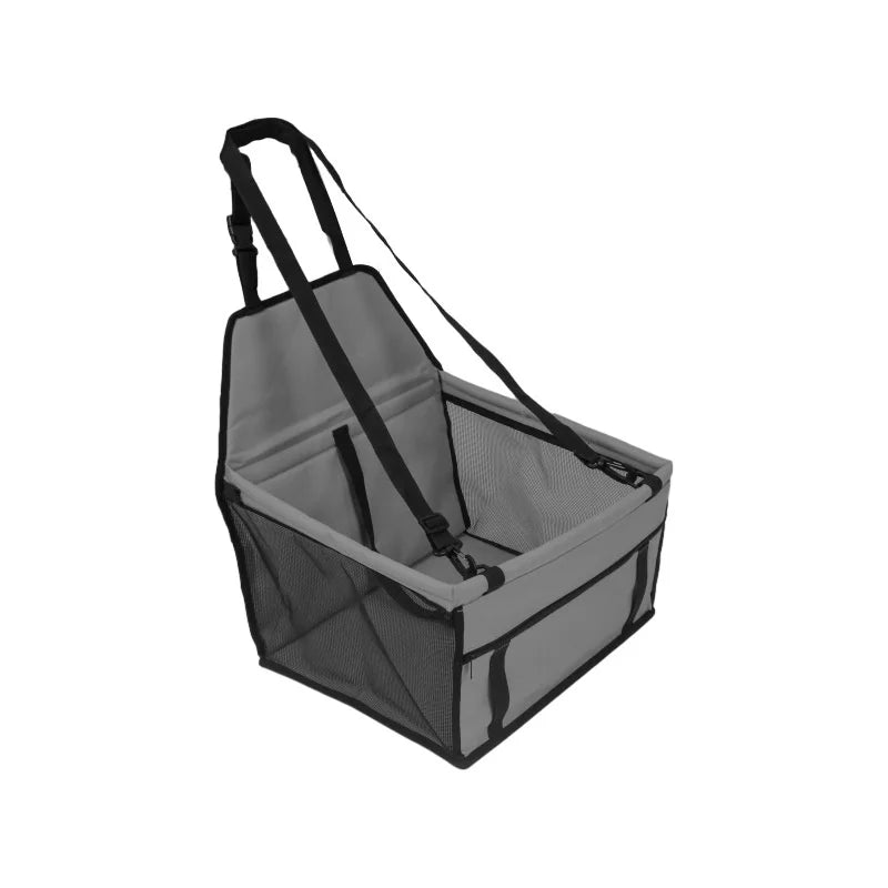 Foldable dog and cat car seat cover with pet harness, hammock, and basket for safe, comfortable travel for pets.