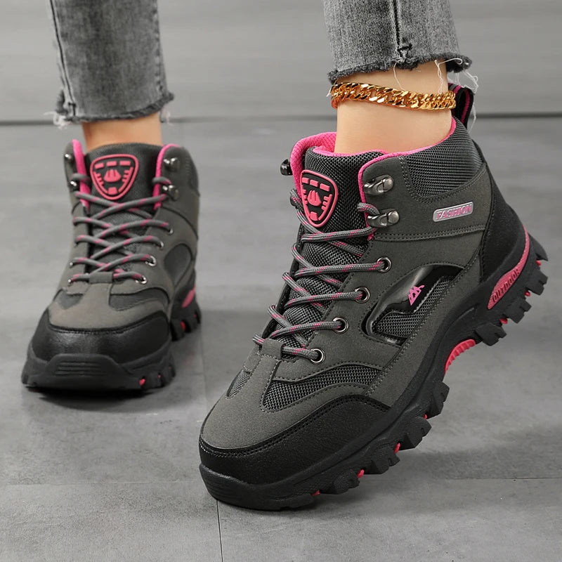 Women waterproof hiking boots with non-slip soles, ankle design, suitable for outdoor safety work and walking activities.