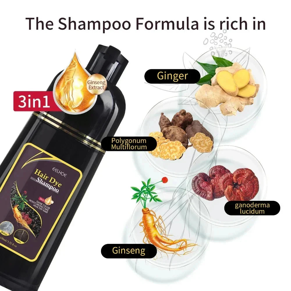 Eelhoe 3-in-1 herbal hair dye shampoo for grey coverage, 100ml, showing the shampoo bottle with herbal ingredients