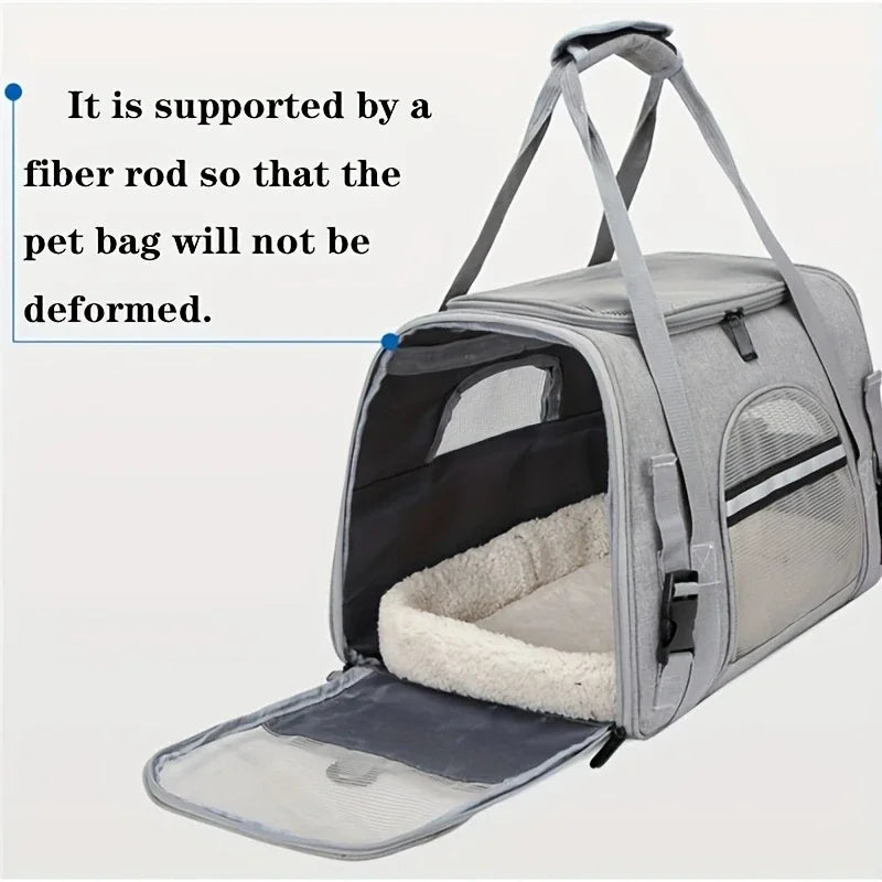 Soft-sided Showlu Portable Cat Carrier made of breathable Oxford fabric, ideal for travel and pet comfort.