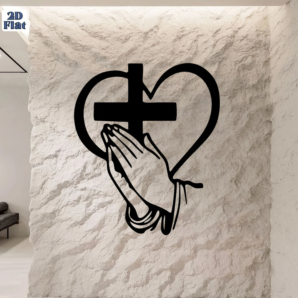Spiritual cross and heart metal wall art for religious home decor, featuring intricate design and black finish.