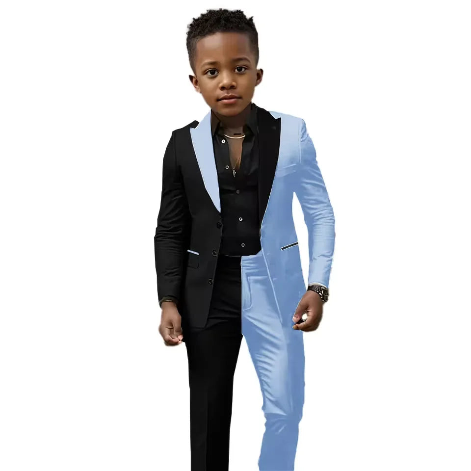 Black and white boys' wedding suit 2-piece set with slim fit jacket and pants for ages 2T-16T, perfect for special occasions.