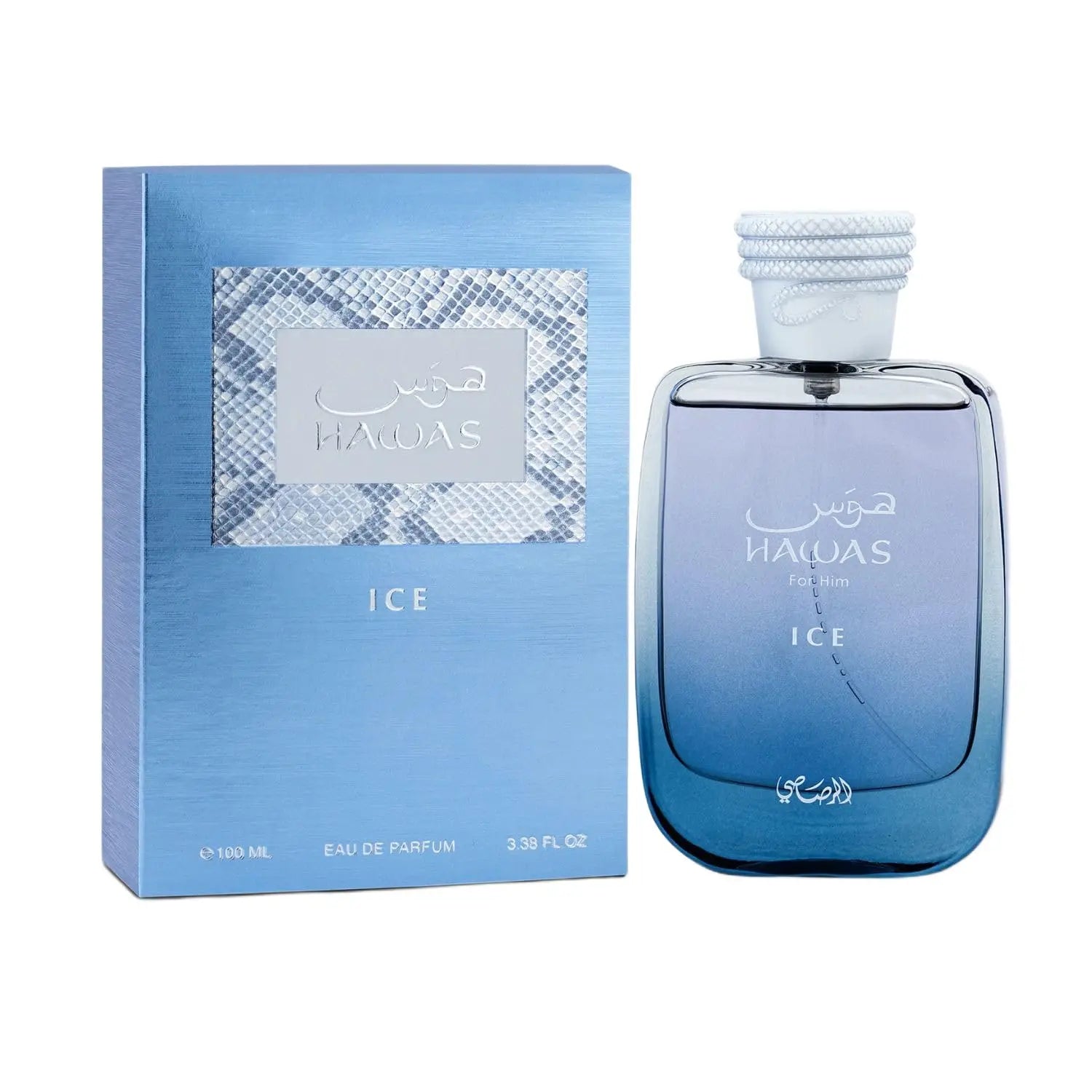 Rasasi Hawas Ice men's Eau De Parfum bottle, 100ml, showcasing the sleek design and packaging of the long-lasting fragrance.