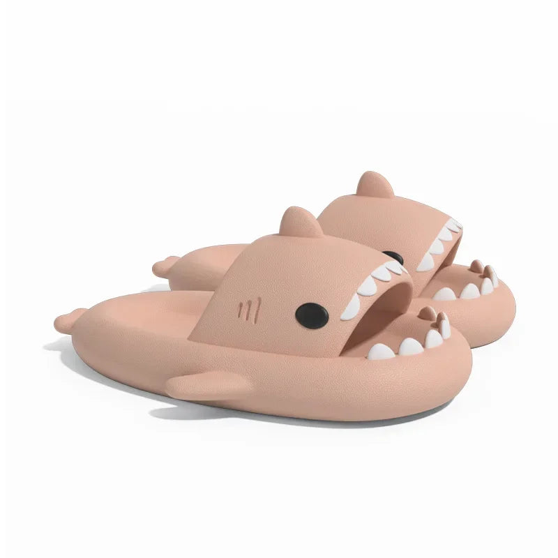 SHOWLU Shark slippers featuring anti-skid soles, summer slides for kids and adults, with a playful shark design.