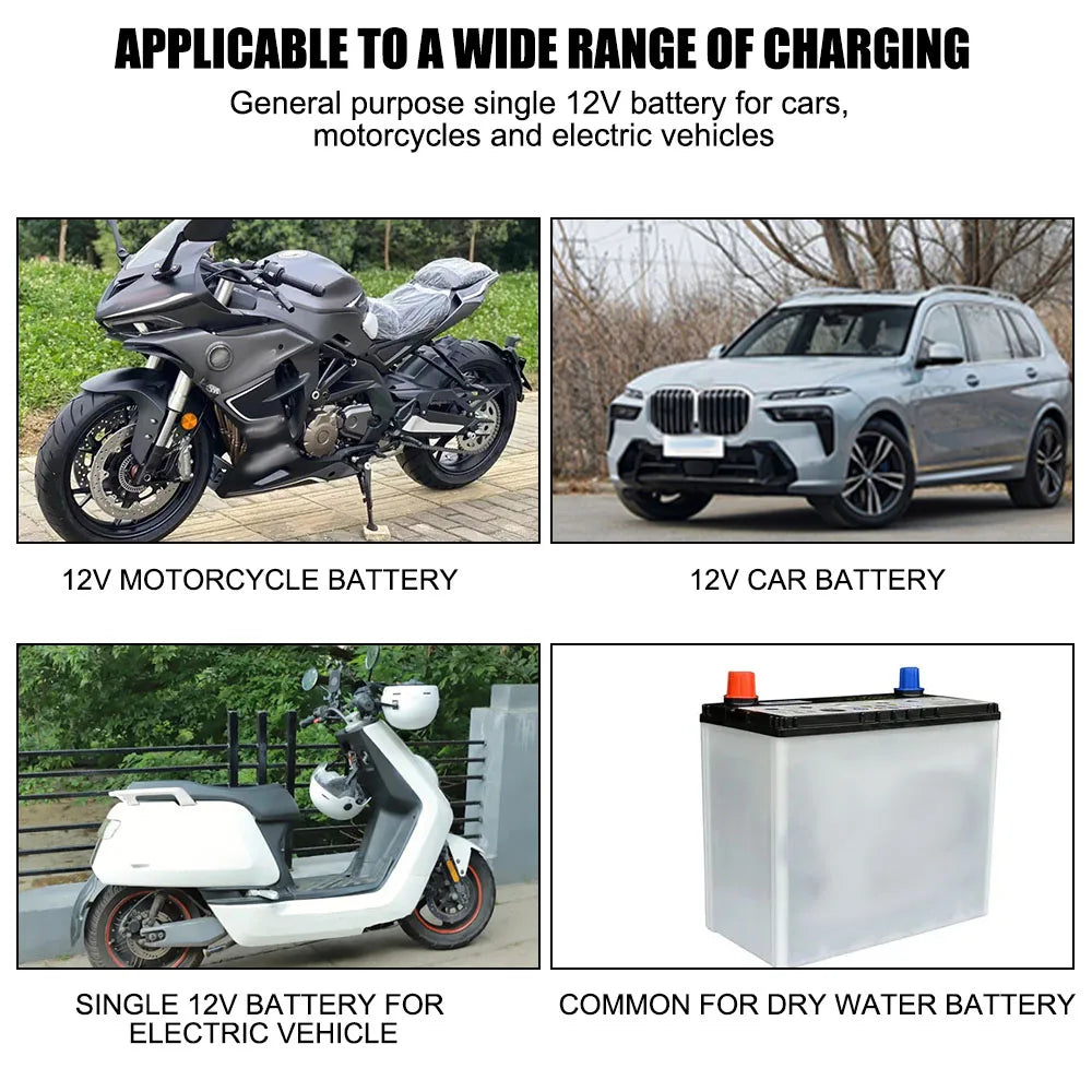 Showlu 3-stage automatic car battery charger with digital LCD display, compact design, and multiple charging modes for vehicle batteries.
