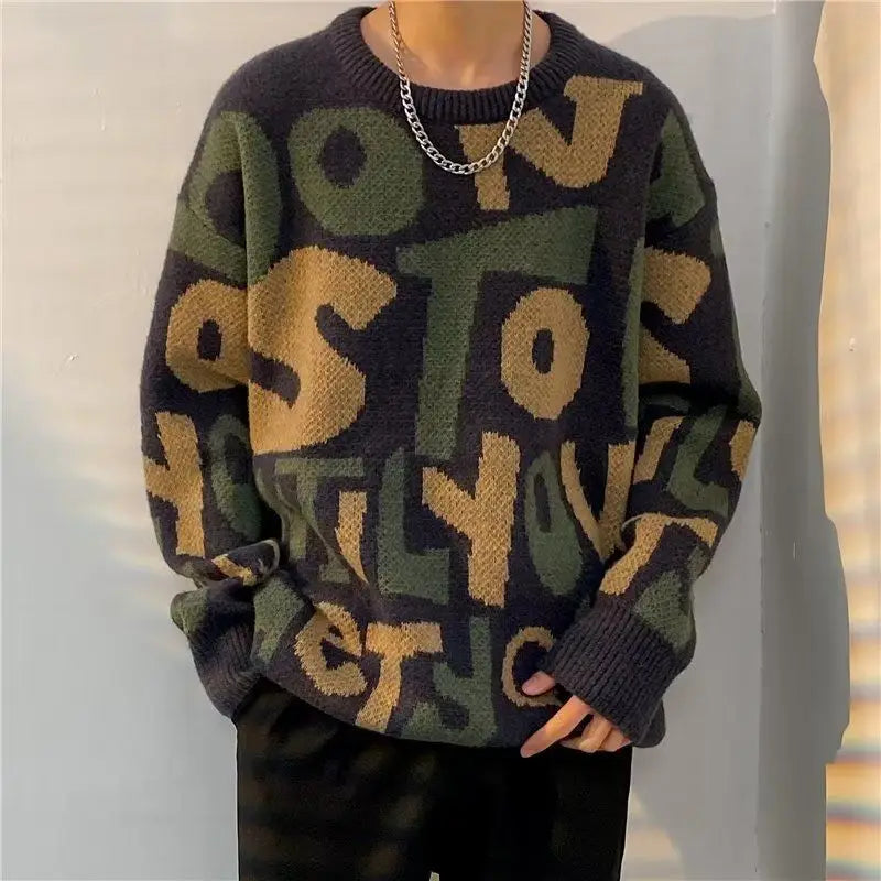 Men's vintage streetwear knitted sweater with round neck, long sleeves, in autumn winter fashion, featuring trendy letter design.