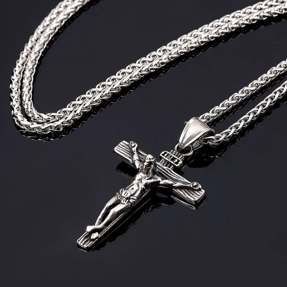 Men's gold Jesus cross necklace with personalized religious pendant, stylish cross jewelry for men, ideal religious gift.