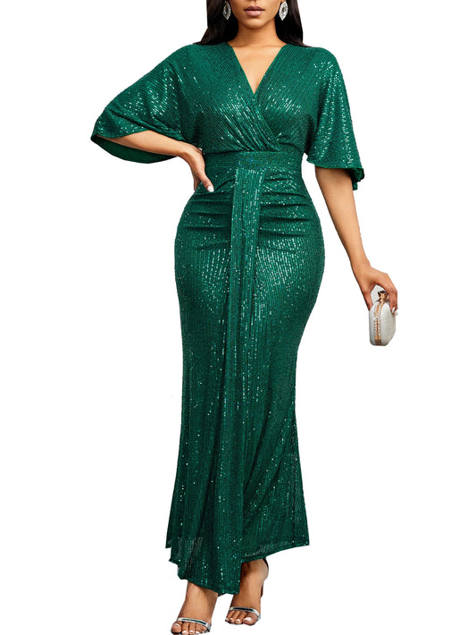 Women Sequin Dress Summer elegant V-Neck Ruffles Short Sleeves Vintage Pencil Pleats Slim Fit Fashion Banquet Cocktail Party