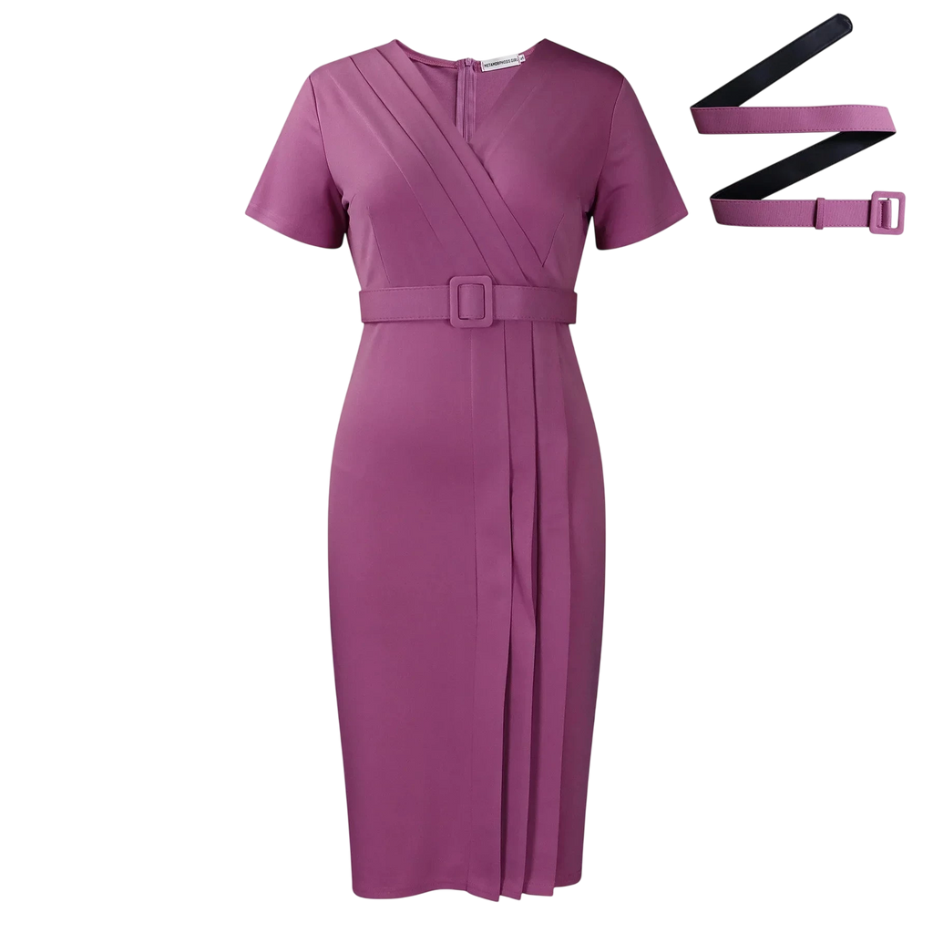 SHOWLU Women's V-neck short sleeve office pencil dress, professional and stylish, in a fitted design ideal for work or formal occasions.