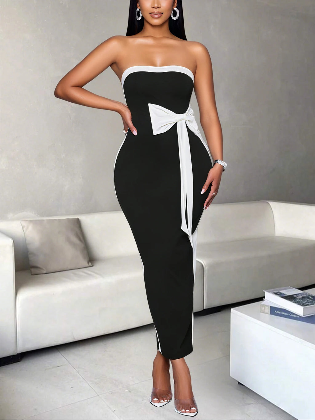 Ladies Fashion Elegant Color Block Knot Design One Shoulder Dress Stylish Graceful Versatile Butterfly Bow Dress for Women