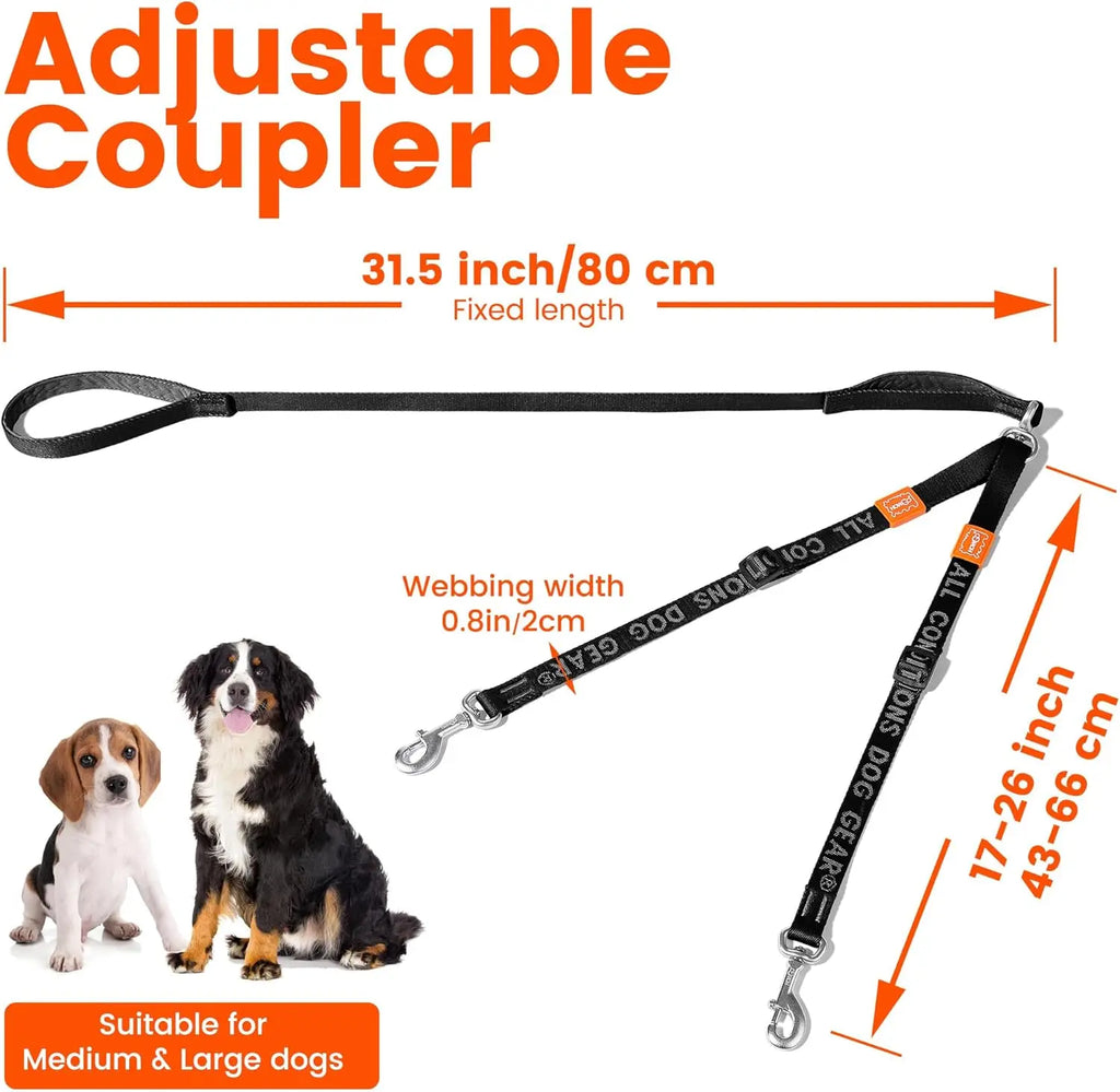 Double dog leash by HOWGO, adjustable nylon dual lead coupler with no-tangle design for walking two dogs comfortably.