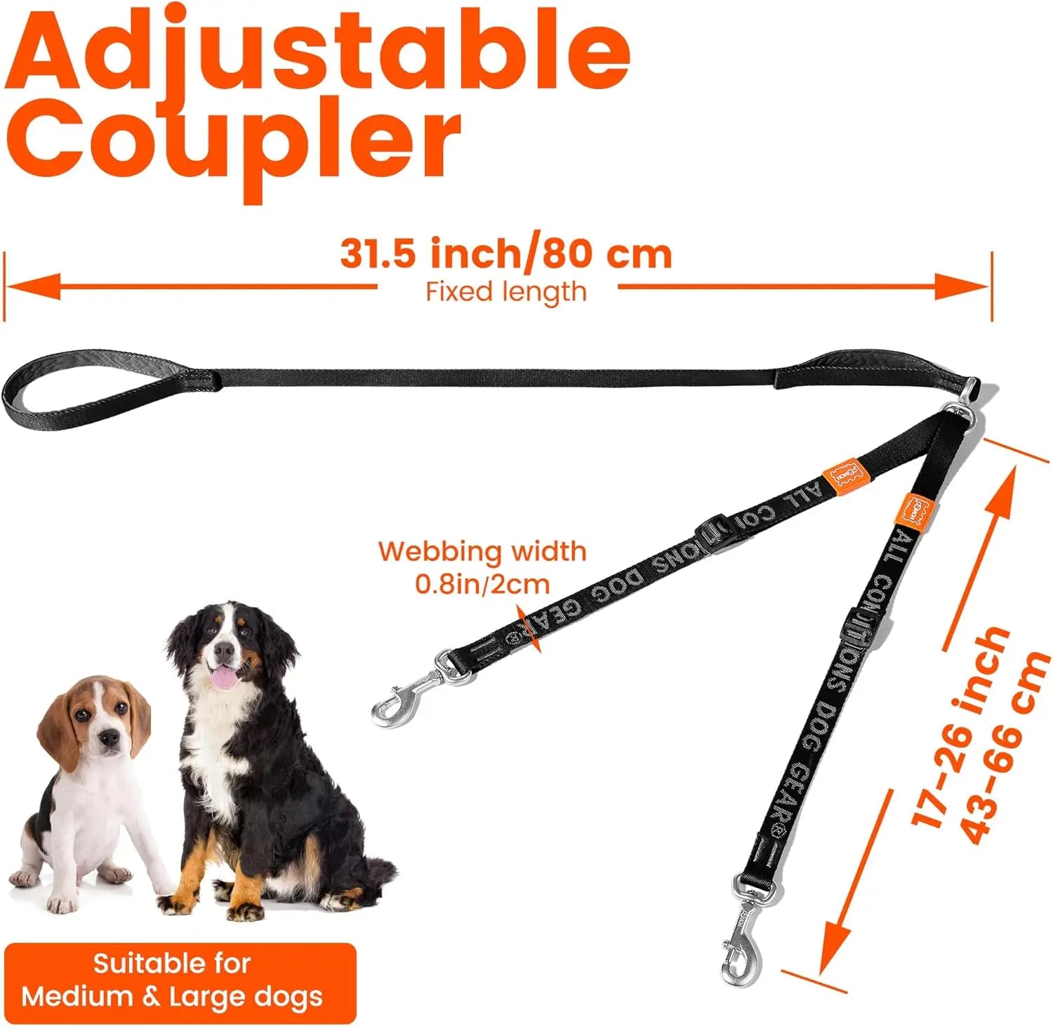 Double dog leash by HOWGO, adjustable nylon dual lead coupler with no-tangle design for walking two dogs comfortably.