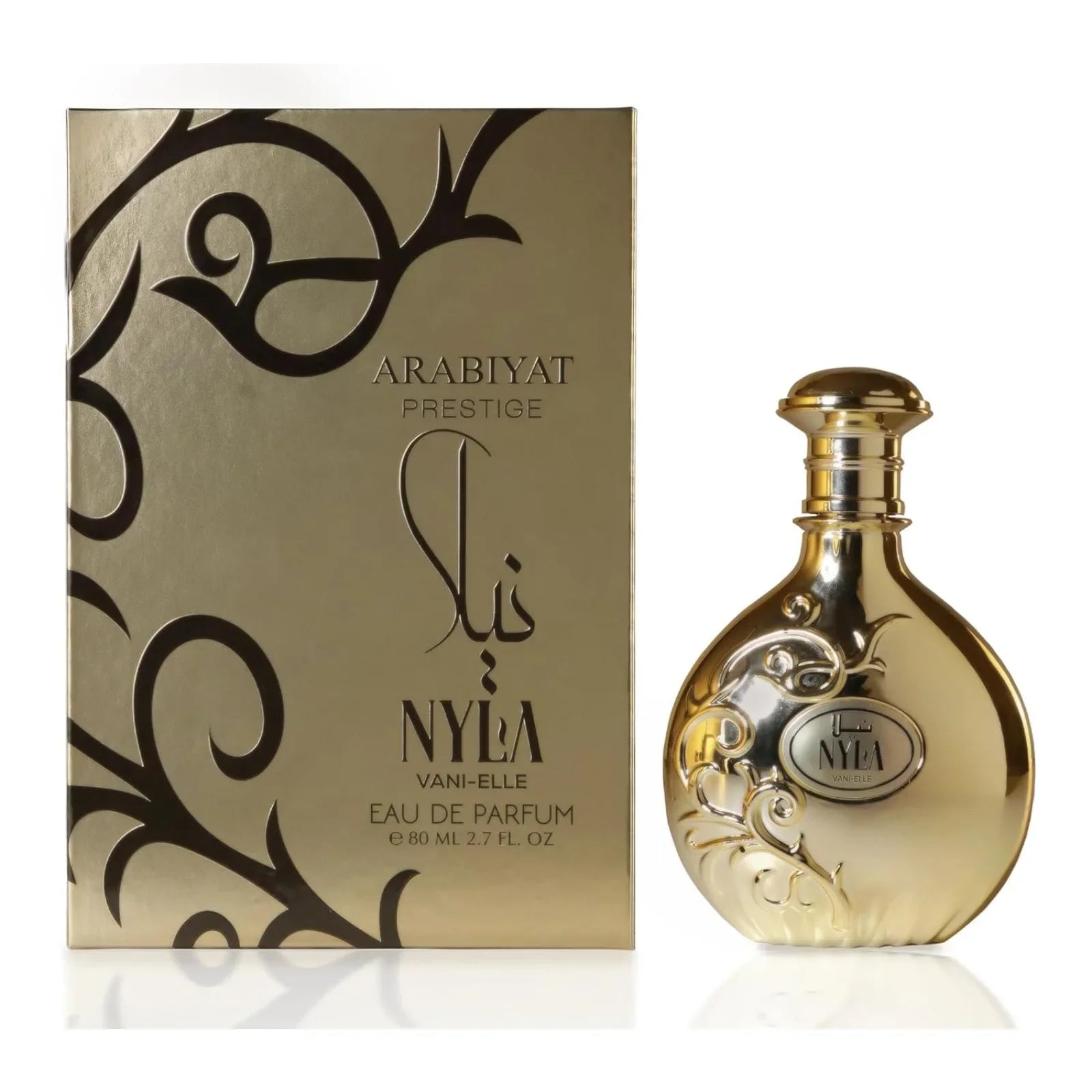 Arabiyat Nyla unisex Eau de Parfum in 80ml bottle featuring woody amber fragrance with elegant packaging.
