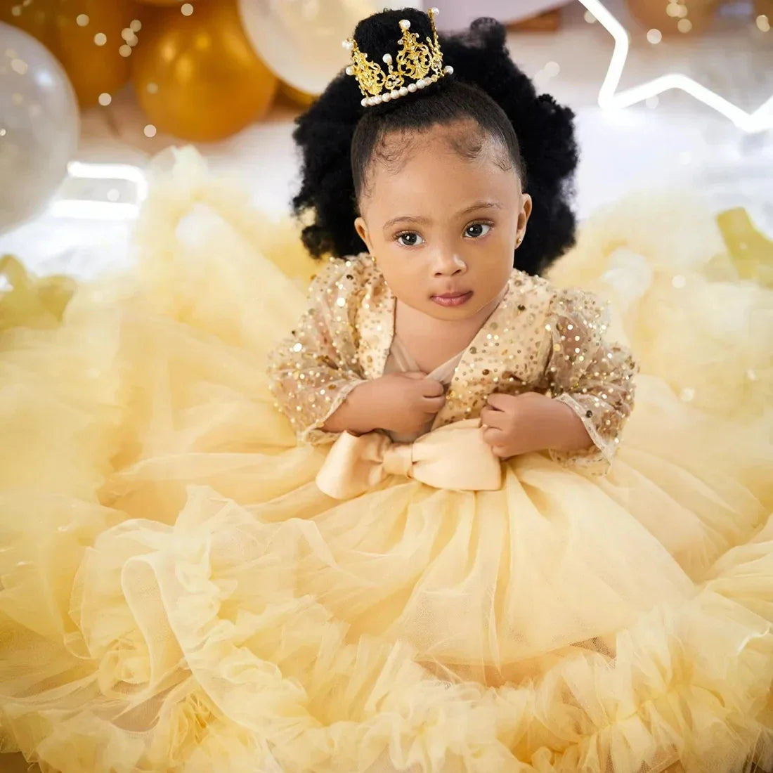 Baby girl flower girl dress with sequins, full sleeves, floor-length design, suitable for weddings, photoshoots, and first communions.