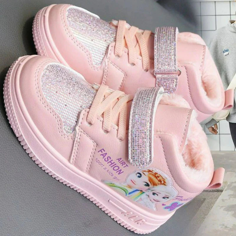 Pink Disney Frozen Elsa girls' winter snow boots with warm lining and ankle height, ideal for cold weather.