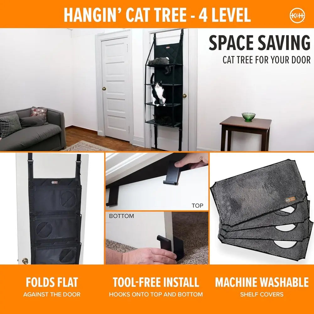 Multi-level door-mounted cat tree by K&H Pet Products with perches and cozy hideouts for cats to climb and relax.