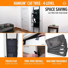 A four-level cat tree hangs on a door with removable machine-washable shelf covers.