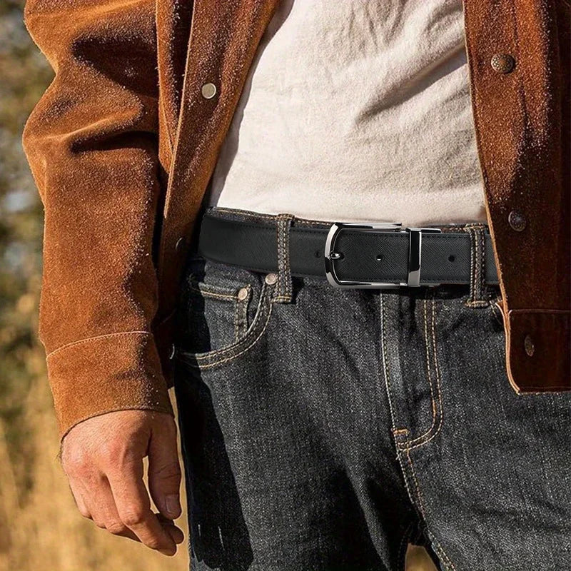 Men's genuine leather cowhide business belt with rotating pin buckle, double-sided casual belt for men, showing the stylish design.