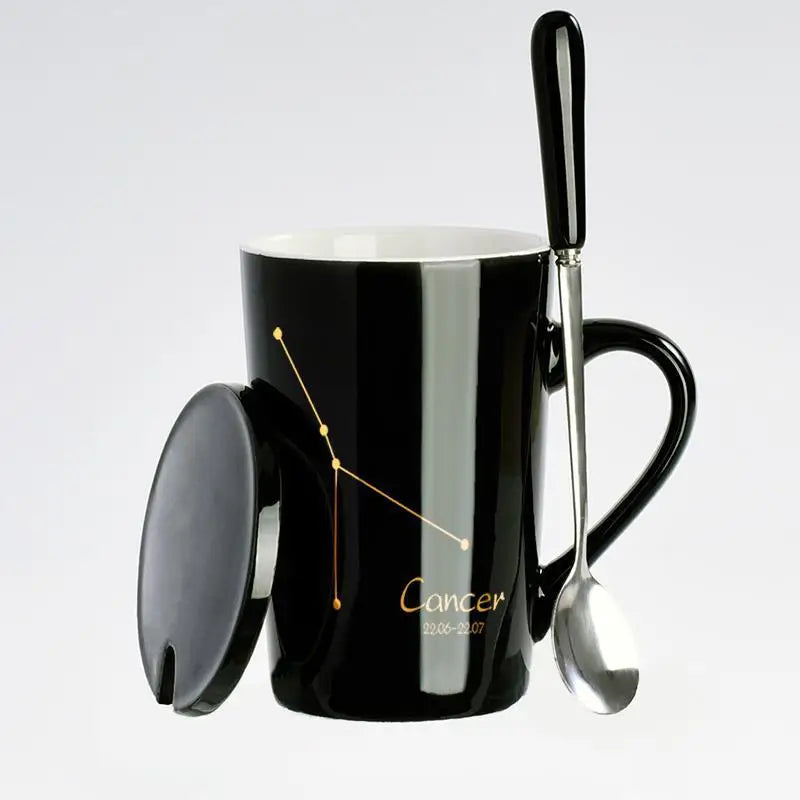 Black ceramic coffee mug featuring 12 Zodiac signs, with lid and spoon, by Showlu Fashion Store.