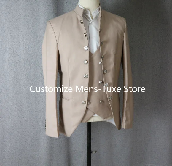 Beige men's 3-piece suit with stand collar, double-breasted design, slim fit, suitable for formal, casual, or wedding occasions.