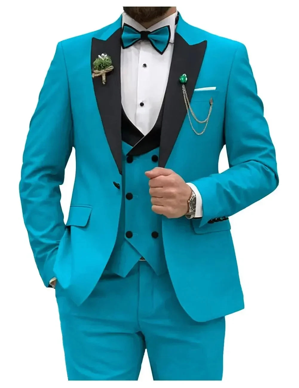 Showlu men's slim fit 3-piece suit with peak lapel, formal business tuxedo, shown on a mannequin with matching trousers and vest.