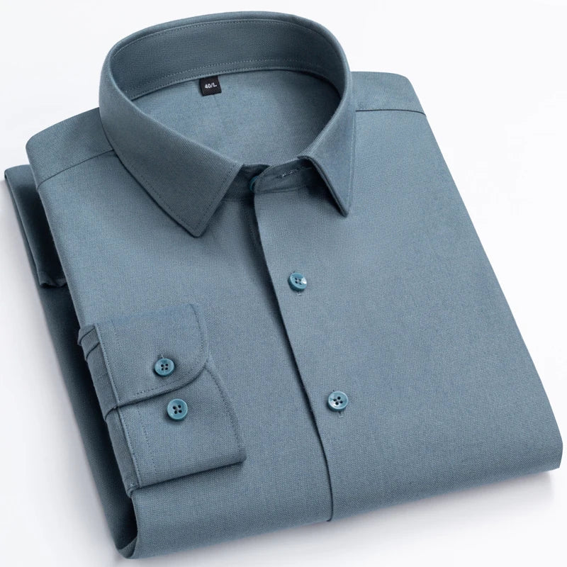 Men's wool blend long sleeve dress shirt by Showlu Fashion, solid color, comfortable fit, smart casual office wear, soft fabric