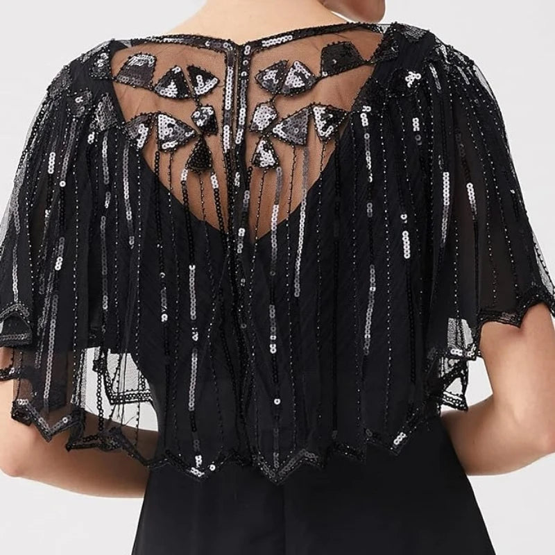 Gold 1920s retro beaded sequin flapper shawl, loose decorative outerwear with fringe, ideal for evening parties and vintage costumes.