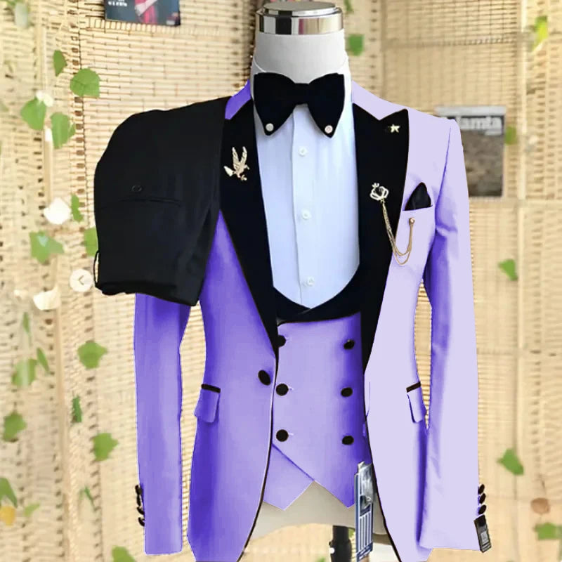 Beige formal men's 3-piece tuxedo suit with peaked lapel, blazer, pants, and vest, ideal for weddings, parties, and business events