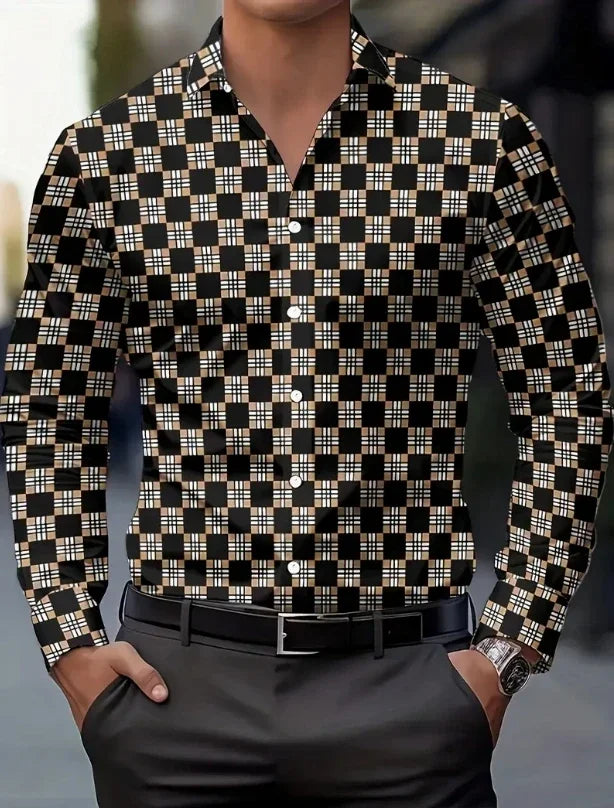 Men's casual shirt in red, white, and black from Showlu Fashion Store, soft comfortable fabric, perfect for autumn and winter wear.