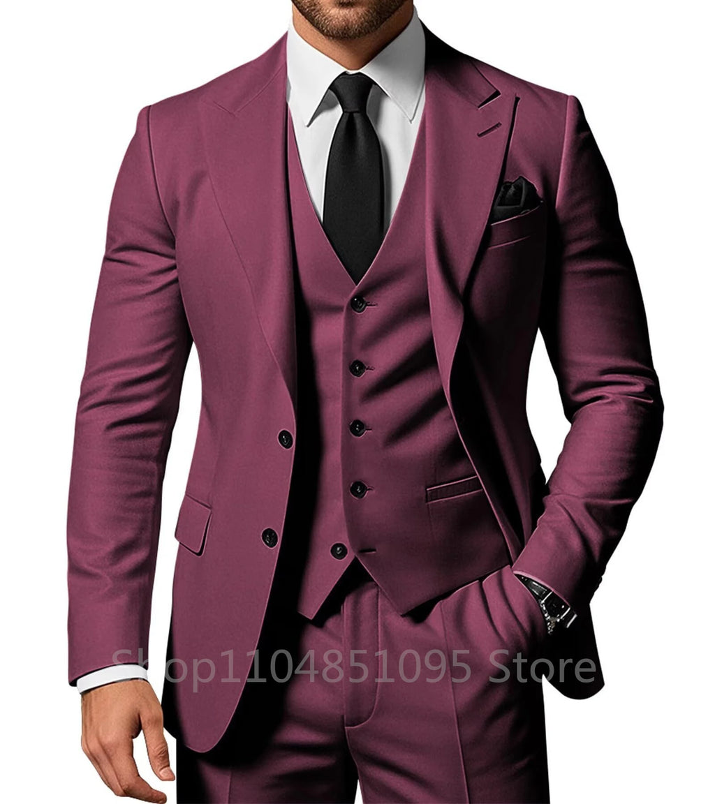 Three-piece solid color men's wedding suit with peak lapel jacket, pants, and vest, showcasing formal groom tuxedo from Showlu Fashion.