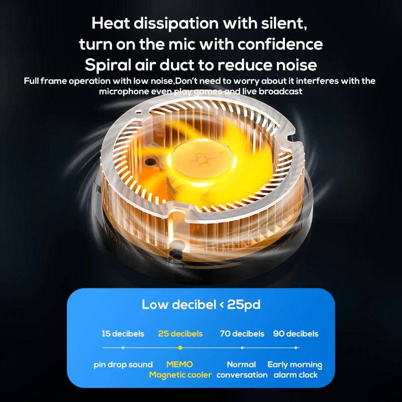Showlu Smart General phone cooling fan attached to a smartphone, with blue LED lights and adjustable fan blades for cooling.