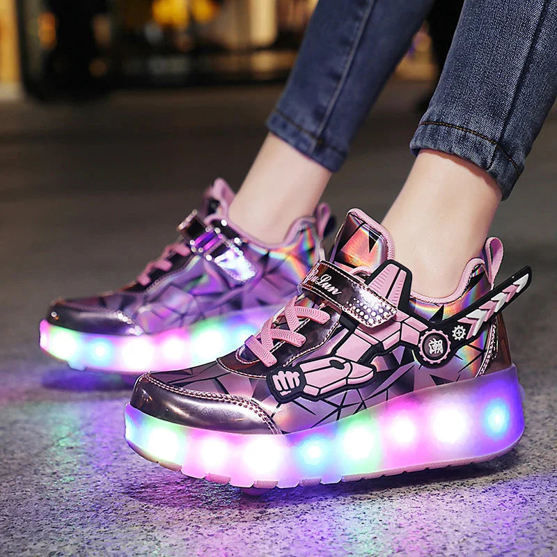 Children's flashing roller skates by SHOWLU FASHION STORE with light-up outdoor sneakers and colorful LED lights in action.