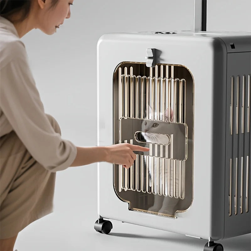Portable Showlu folding pet stroller and airline-approved cat carrier with mesh sides for ventilation and easy transportation.