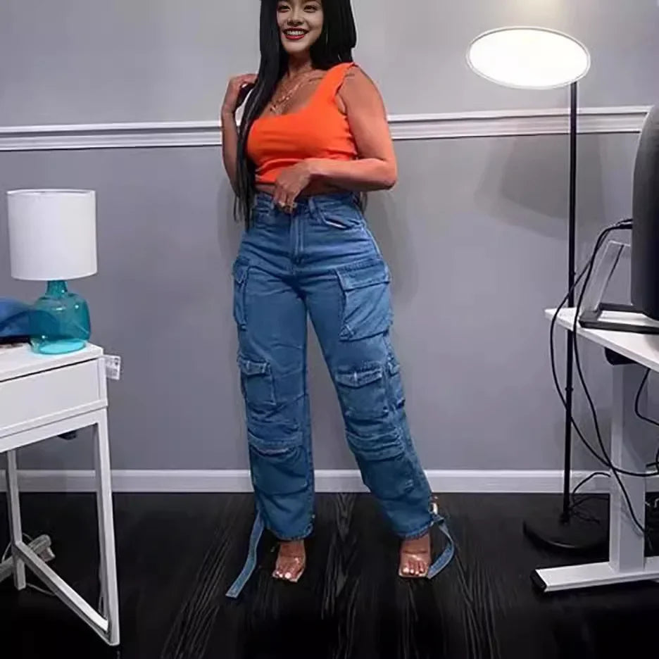 Naupang women's high-waisted cargo jeans with loose fit and multiple pockets in denim, showcasing a trendy, casual style.