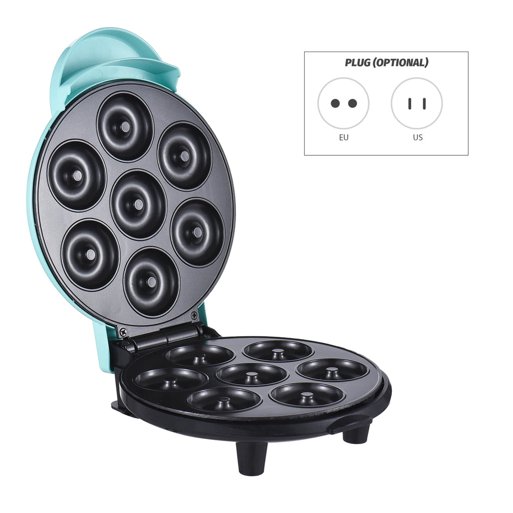 Homgeek 7-hole mini donut maker by Showlu Smart General, showing stainless steel exterior and non-stick baking surface.