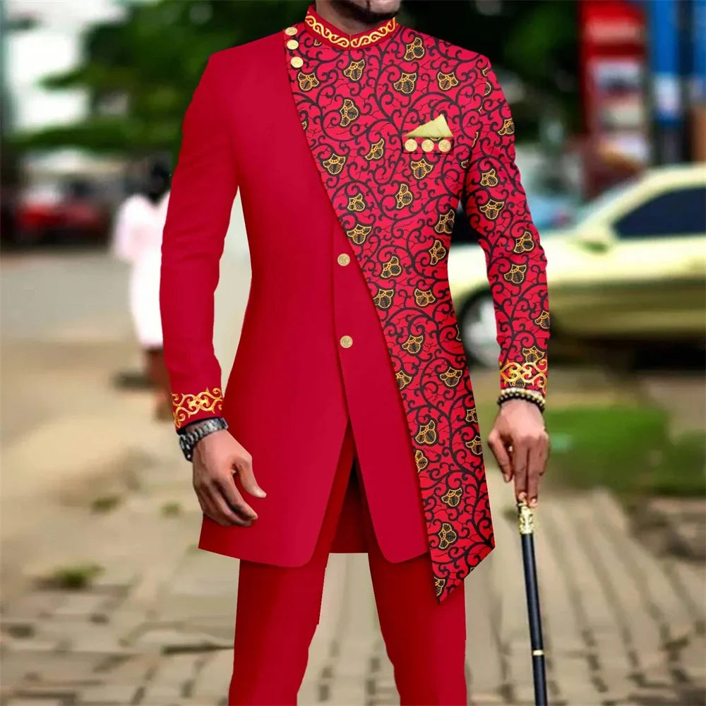 SHOWLU Men's African embroidery print suit, 2-piece slim fit wedding set with detailed embroidery and tailored fit.