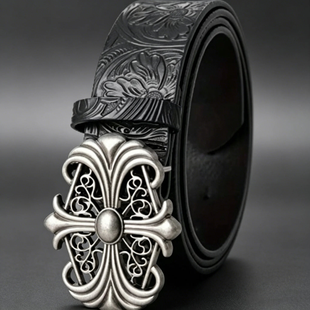 Black retro men's belt with bohemian style, vintage hollow buckle, made of PU leather, suitable for men and women.