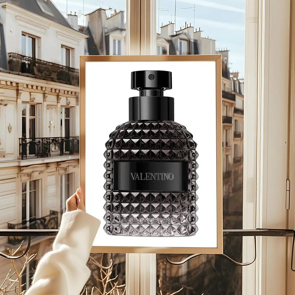 Nordic wall art poster featuring Showlu Fashion perfume bottle design with modern paper mural style.