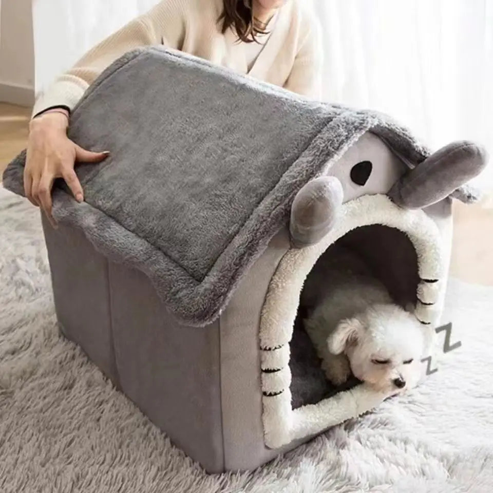 Showlu All Season Dog House Bed with warm coral fleece, washable pet bed designed for comfort and durability.
