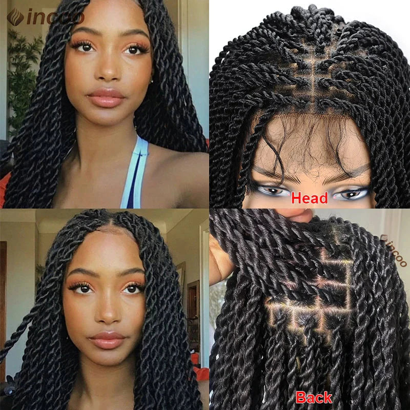 Senegalese twist braids lace front wig made with Kanekalon fiber, showcasing natural-looking, textured black hairstyle.