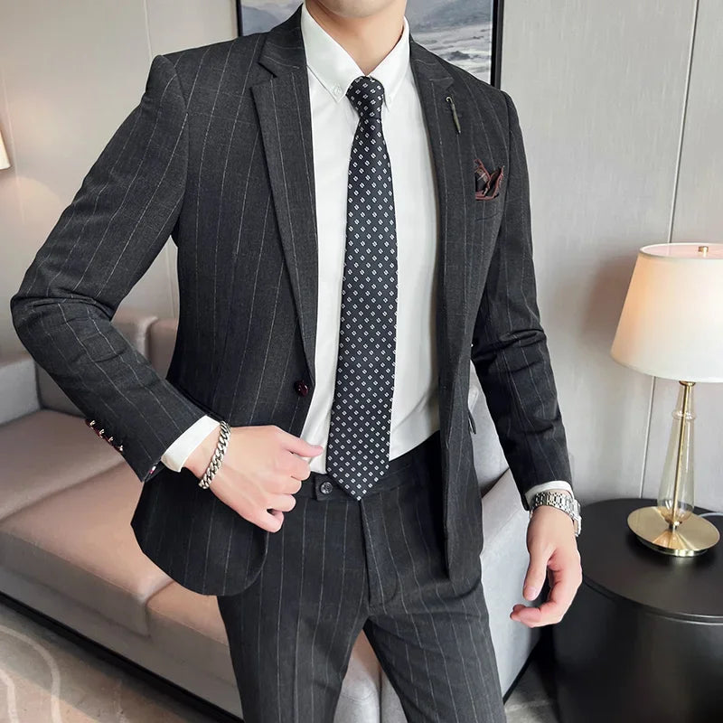 ( Blazer + Pants ) High-end Brand Formal Business Plaid Mens Suit Groom Wedding Dress Solid Color Stage Performance Tuxedo S-7XL SHOWLU FASHION STORE